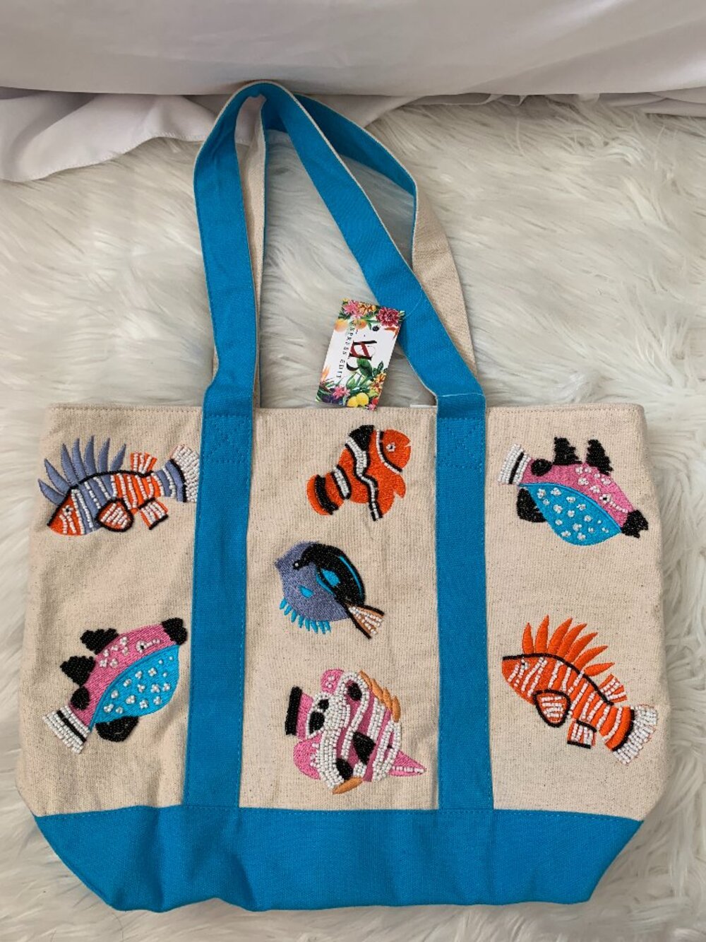 EXPRESS EDIT Tropical Fish Beaded & Embroidered Tote Bag in Khaki/Teal Blue